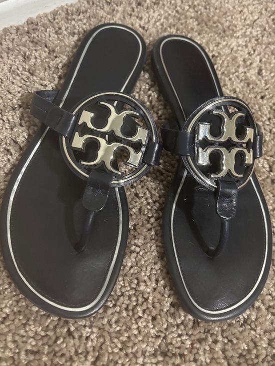 Tory Burch Shoes - Tory Burch Navy Leather Logo Thong Sandals with Gold Medallion